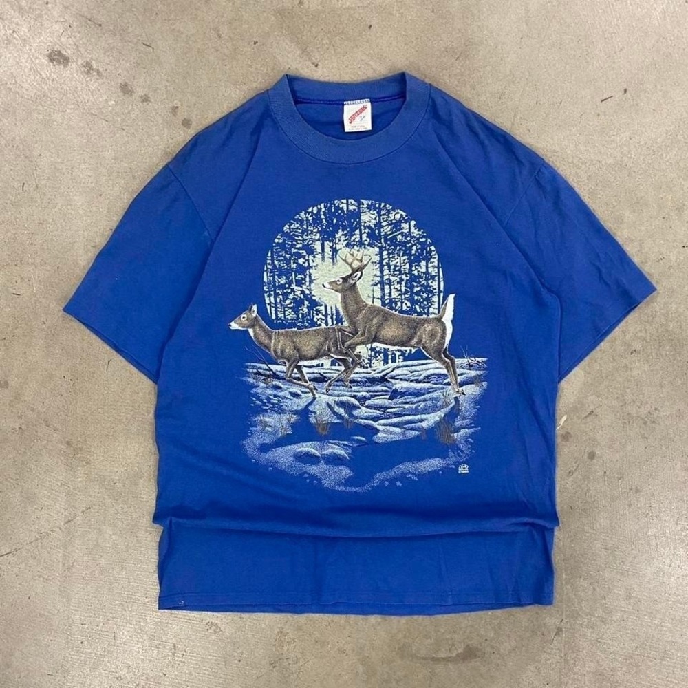 Vintage 90s Deer Graphic Jerzees Nature Tee Shirt Size L